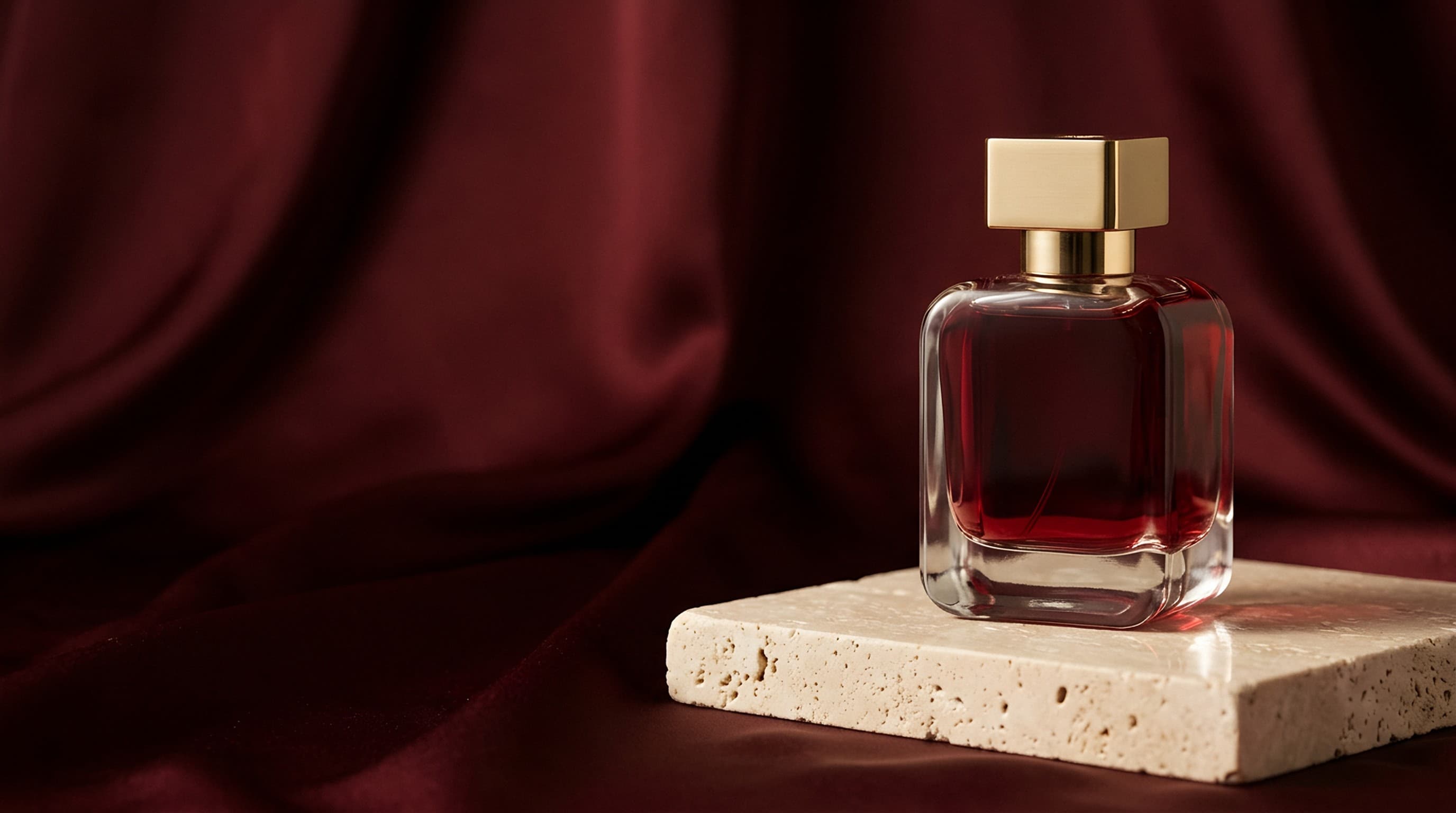 Emorah eau de parfum on a travertine plinth before maroon silk